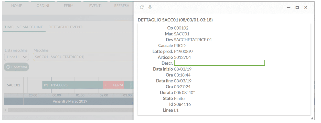 smeup dettaglio evento timeline macchina